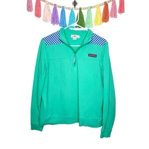Vineyard Vines Shep Shirt Seafoam Green 1/4 Zip Popover with Blue Gingham